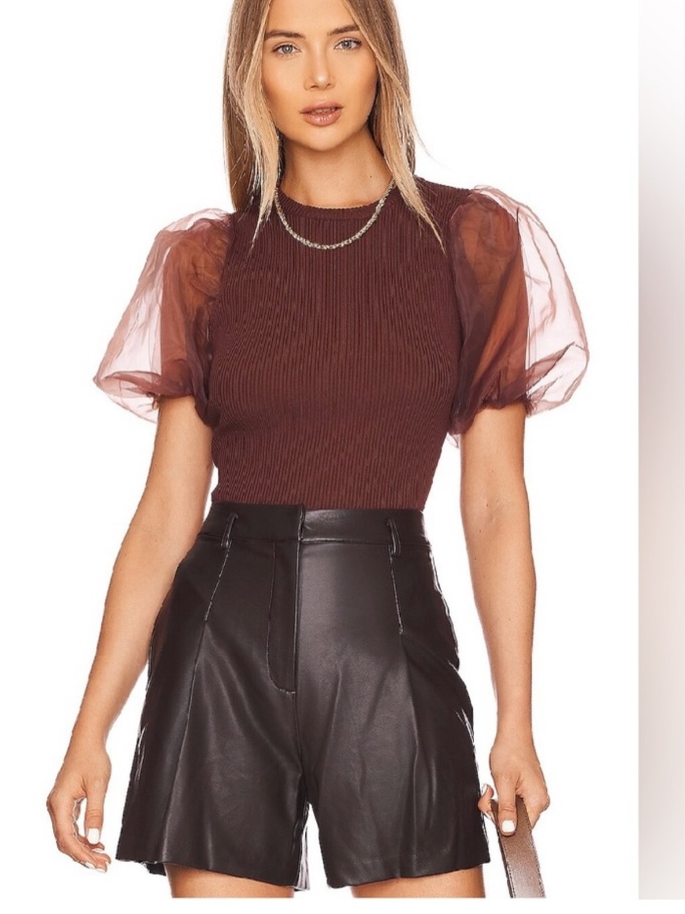 Astr Brown Ribbed Top with Sheer Puff Sleeves REVOLVE